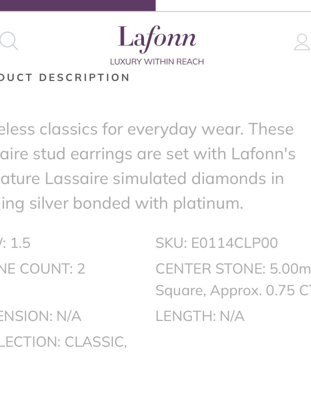 Lafonn White Square simulated diamond 1.5 carat ctw stud Earrings silver NWT - Picture 5 of 5